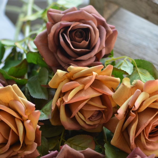 Fall Orange, Dark Brown Real Touch Fake Roses, Faux Terracotta Roses, DIY Florals|Wedding/Home Decorations | Gifts, DIY Bouquets/Centerpiece
