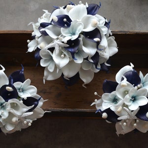 Navy Beach Bouquets, Real Touch Flowers, Navy Plumerias, White Calla Lilies, Starfishes, Shells, Bridal Bouquets, Bridesmaids Bouquets