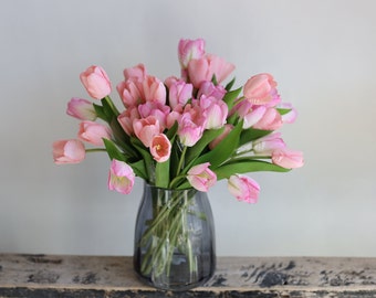 Flores de tulipán de tacto real de color rosa sintético - 14", flores artificiales de primavera, flores de primavera, decoración de bodas/hogares, ramo/centros de mesa de bricolaje