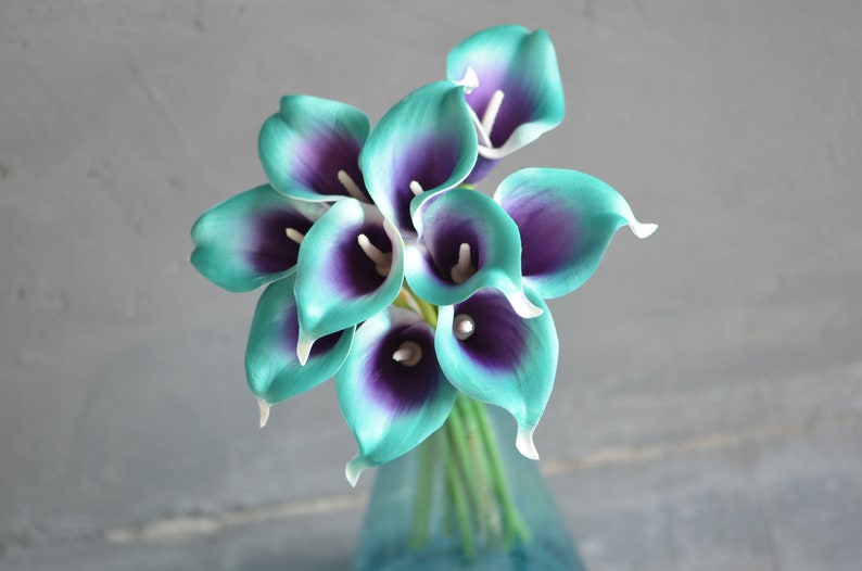 10 Teal Purple Picasso Calla Lilies Real Touch Flowers Diy Etsy