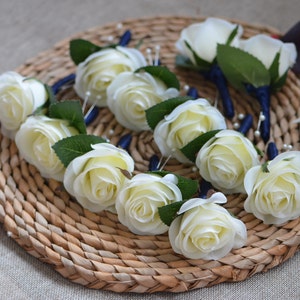 Ivory Rose Boutonnieres Real Touch Small Roses Boutonnieres Navy Ribbons -Choose Your Colors