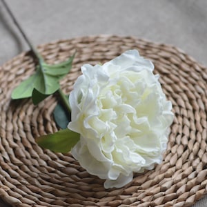 May include: A single white artificial peony flower with green leaves on a woven brown wicker mat.