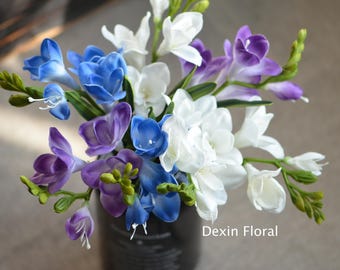 Orquídeas de fresia azul y púrpura, flores de tacto Real, centros de mesa DIY, decoraciones, ramos de novia, flores de boda