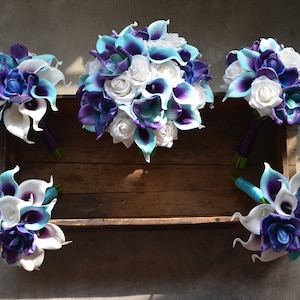 Blue Purple Orchids ,Calla Lilies, Bridal Bouquets, White Roses, Real Touch Flowers, Bridal Bouquets, Bridesmaids Bouquets, Wedding Bouquets