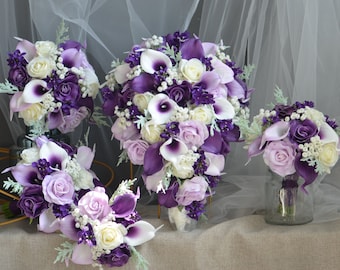 Purple Bridal Bouquet, Plum Lilac Lavender Real Touch Roses Calla lily Wedding Bouquet, Rustic Purple Silk Bouquet, Boutonniere, Corsage