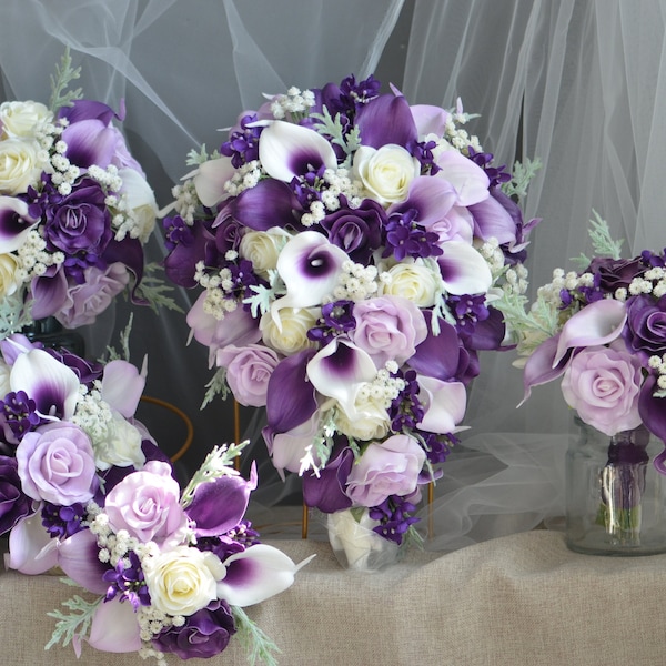 Bouquet de mariée violet, prune lilas lavande Real Touch Roses Calla Lily Bouquet de mariage, Bouquet de soie violet rustique, boutonnière, Corsage