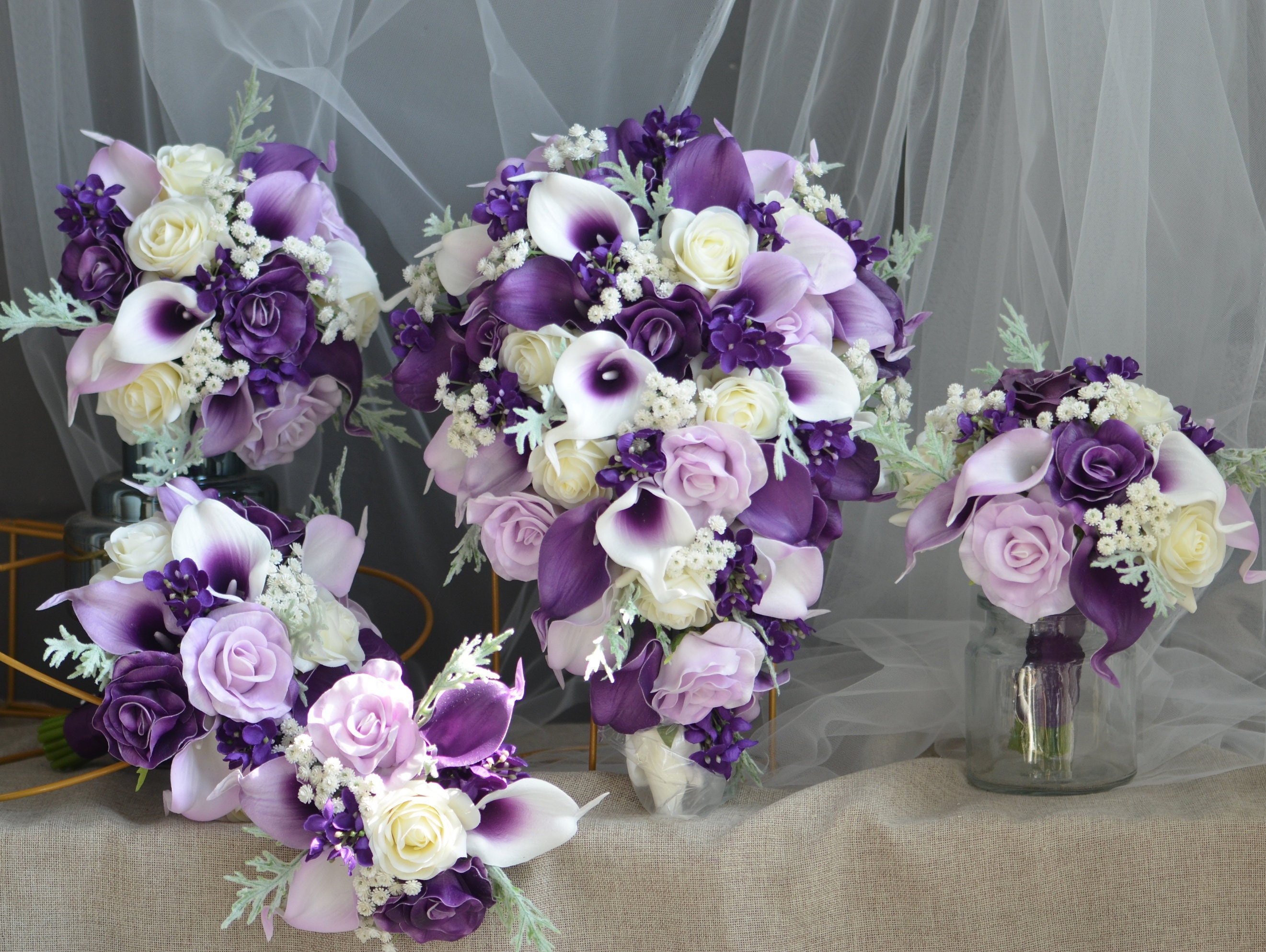 Purple Bridal Bouquet, Plum Lilac Lavender Real Touch Roses Calla lily Wedding Bouquet, Rustic Purple Silk Bouquet, Boutonniere, Corsage
