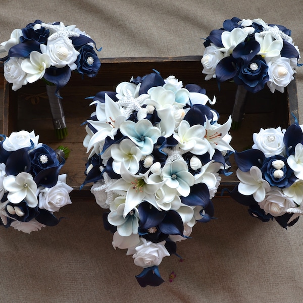 Navy Beach Wedding Bouquets, Real Touch Flowers, Plumerias, Calla Lilies, Starfishes, Shells, Bridal Bouquets, Bridesmaids Bouquets