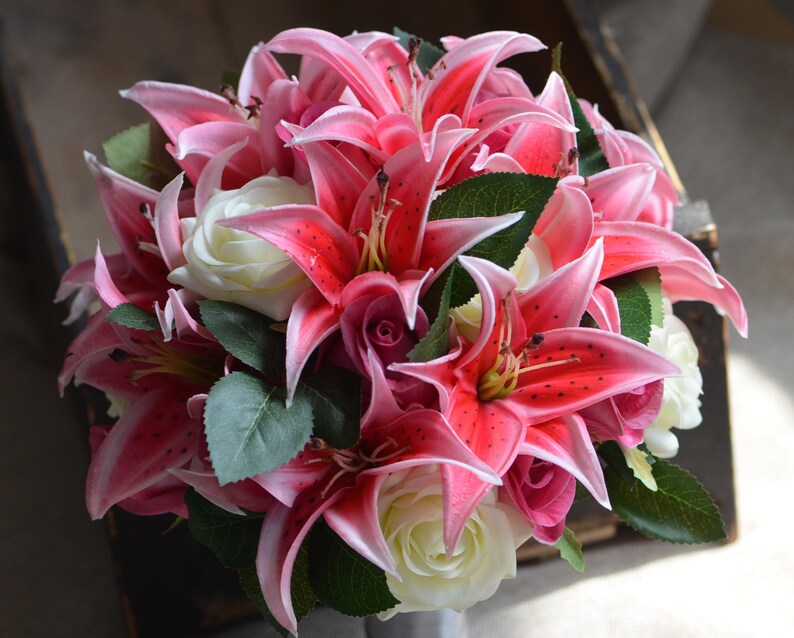 Hot Pink Lilies Roses Bridal Bouquets Real Touch Flowers Groom Boutonniere