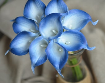 9 Blue White Real Touch Calla Lilies, DIY Wedding Flowers