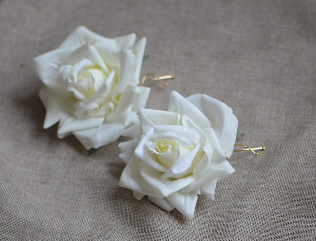 A Pair Cream White Rose Hair Clips, Real Touch White Roses, Red