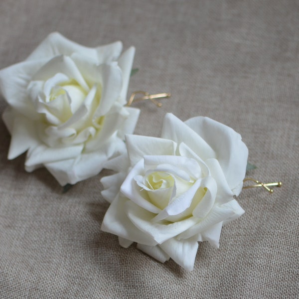 Wedding Flower Hair Clip-Real Touch White Rose Large Hair Clip, Rose Hair Clips, Bridal Hair Flower, Flower Girl Hair Pin