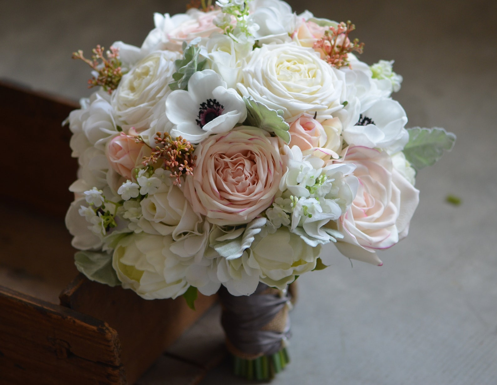 Blush Cabbage Roses Anemones Bridal Bouquet Real Touch Roses | Etsy