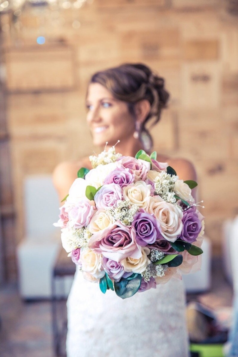 Mauve Roses Bridal Bouquet Real Touch Roses Mauve Blush Champagne Wedding Bouquets Silk Bridal Bouquets image 1