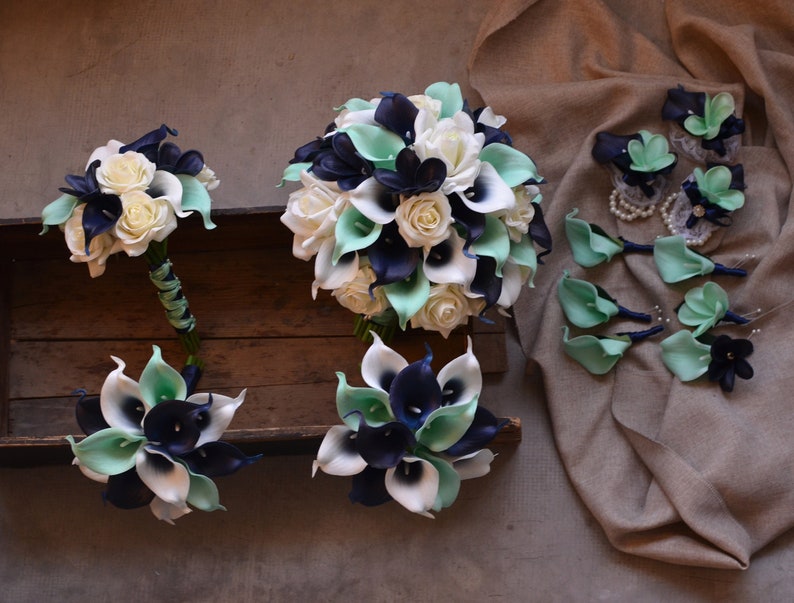 Mint Navy Wedding Packages Real Touch Flowers Calla Lilies Etsy
