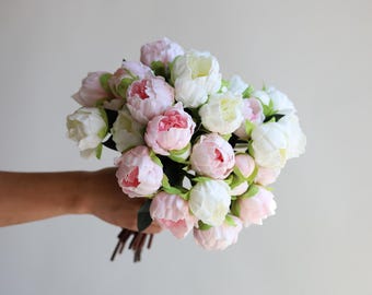 Real Touch Peony Bundle, White & Pink Artificial Flowers, DIY Bouquet