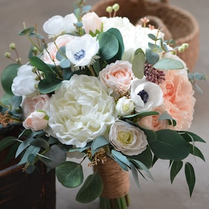 Rustic Peach Bridal Bouquets, Real Touch Anemones, Peach Peonies ...