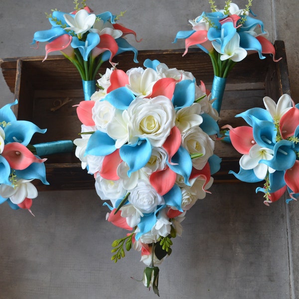 Malibu Blue Coral Cascade Bouquets Real Touch Callas Lilies Ivory White Plumerias Wedding Bouquets Set, Boutonnieres