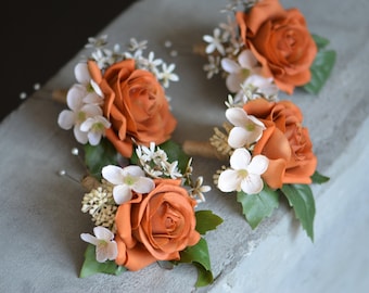 Rust Boutonniere, Dark Orange Boutonniere, Burnt Orange Real Touch Roses Corsages, Choose Ribbon Colors