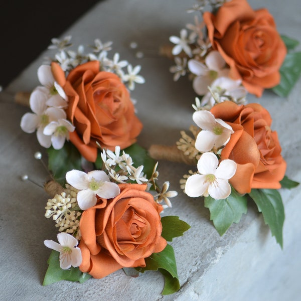 Rust Boutonnière, Orange foncé Boutonnière, Orange brûlée Real Touch Roses Corsages, Choisissez les couleurs du ruban