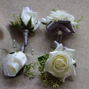 Ivory Rose Boutonnieres Real Touch Roses Corsages Grey Ribbons Mother Father Flowers Prom Corsage image 5