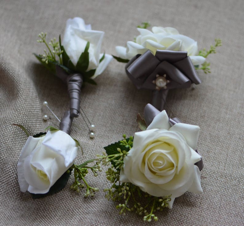 Ivory Rose Boutonnieres Real Touch Roses Corsages Grey Ribbons Mother Father Flowers Prom Corsage image 5