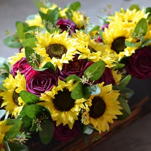 Sunflowers Bouquets, Real Touch Cabbage roses, Real Touch Yellow Sun Flowers, Boutonnieres, Yellow Bridal Bouquet, Burgundy Wedding Bouquet