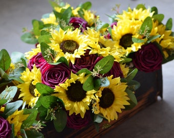 Sunflowers Bouquets, Real Touch Cabbage roses, Real Touch Yellow Sun Flowers, Boutonnieres, Yellow Bridal Bouquet, Burgundy Wedding Bouquet