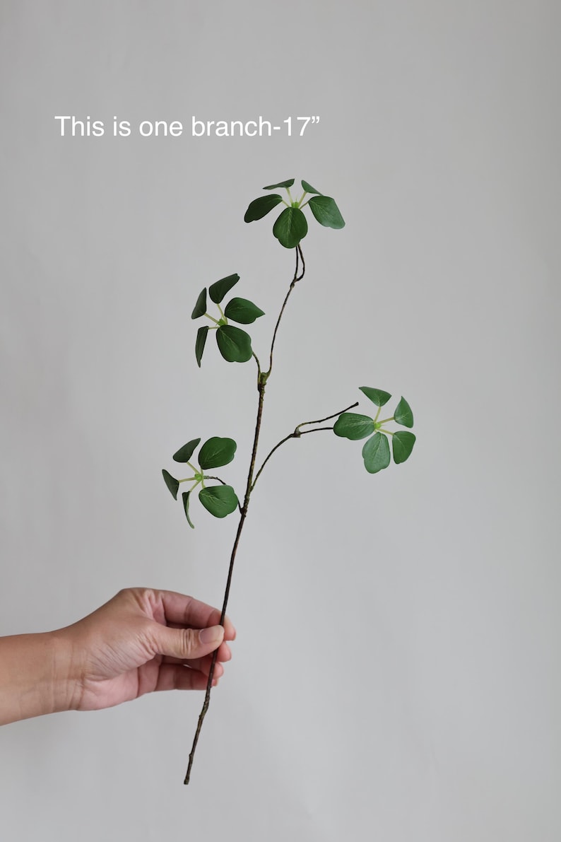 Puede incluir: Una sola rama artificial con cuatro hojas verdes, que mide 43 cm de largo. El texto "This is one branch-17" es visible en la imagen.