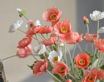 4 Heads 23.5" Artificial Poppy Flowers, Watermelon Red Fake Poppy Stem , DIY Florals/Centerpieces, Wedding/Home/Kitchen Decorations | Gifts