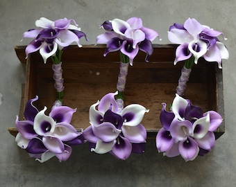 Purple Bridesmaids Bouquets, Real Touch Calla Lilies Bouquets, Plum Lilac Lavender Bouquets