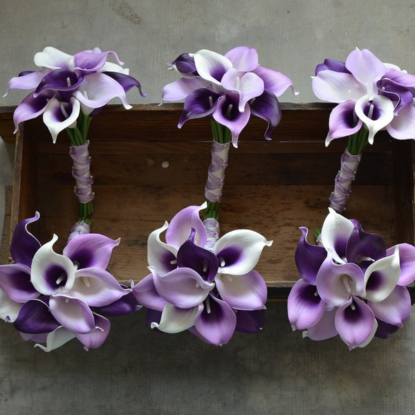 Purple Bridesmaids Bouquets, Real Touch Calla Lilies Bouquets, Plum Lilac Lavender Bouquets