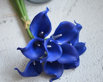 10 Dark Royal Blue Calla Lilies Real Touch Flowers DIY Silk Wedding Bouquets, Centerpieces, Wedding Decorations