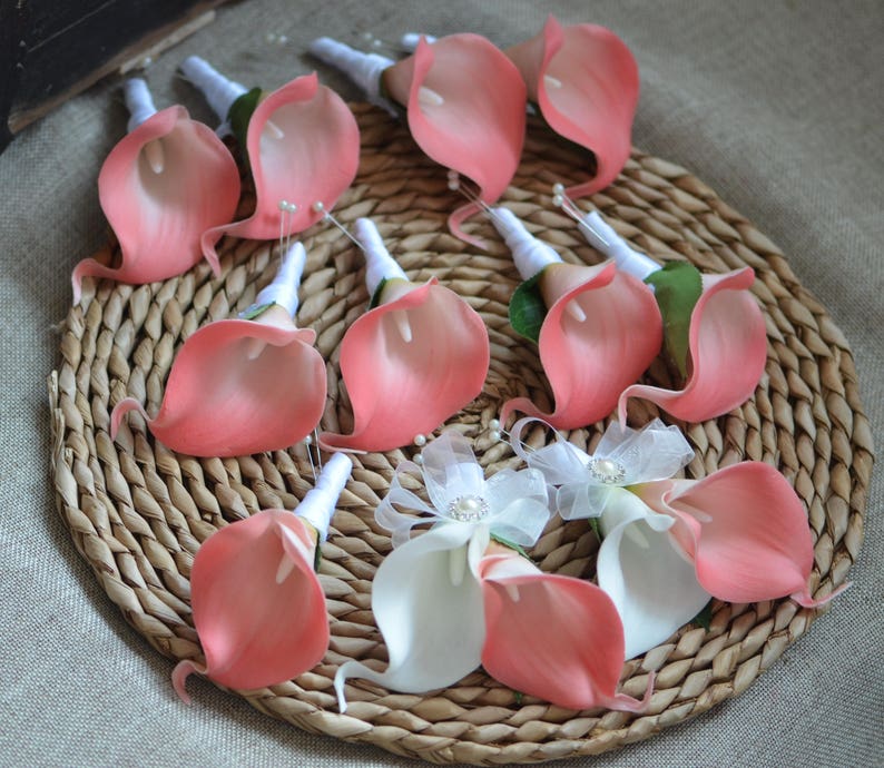 Coral Bridal Bouquets Coral Calla Lilies Ivory Callas Real Touch flowers Wedding Bridesmaids Bouquets Boutonnieres