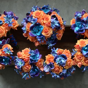 Orange Blue Bridal bouquets, Real Touch Roses, Blue Purple Orchids, Silk Wedding Bouquets