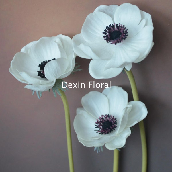 White Anemones Natural Real Touch Flowers Single Stem DIY Silk Wedding Bridal Bouquets, Centerpieces, Decorative Flowers, Cake Decoration