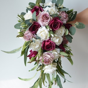 Dusty Pink Mauve Roses, Burgundy Bridal Bouquet, Real Touch Roses, Wedding Bouquets Silk Bridal Bouquets
