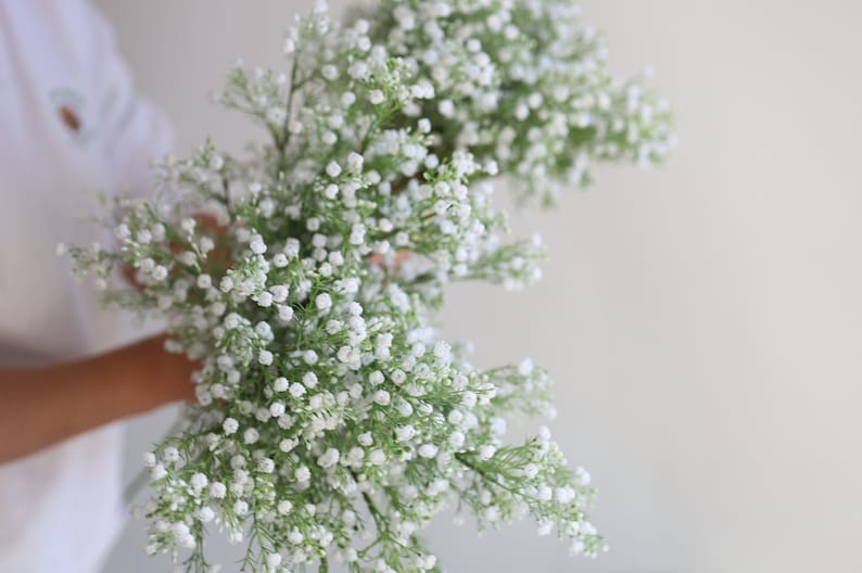 Op de afbeelding: Een boeket witte baby's breath bloemen met groene stelen.