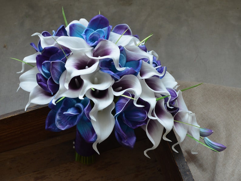 Blue Purple Bridal Bouquets Real Touch Blue Purple Orchids | Etsy