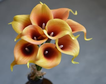 Autumn Burnt Orange Calla Lilies, Rust orange Real Touch Calla Lilies Orange Burgundy Picasso Callas DIY Wedding Bouquets