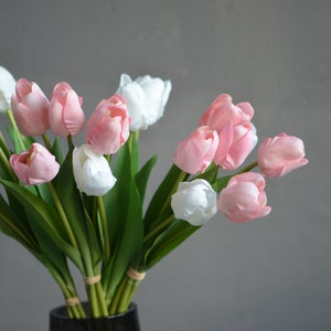 May include: A bouquet of pink and white tulips with green stems. The tulips are arranged in a vase.