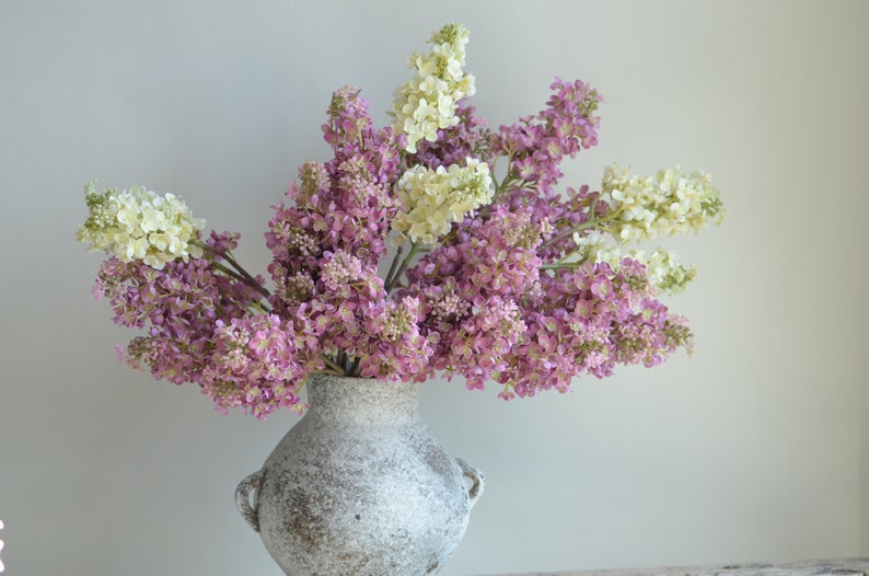 Branche de lilas rose mauve imitation vrai toucher 24,8 pouces, hortensias lilas artificiels crème, feuillage floral bricolage décorations de mariage/maison/cuisine image 7