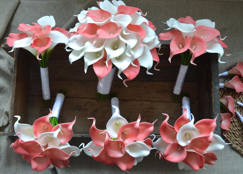 Coral Bridal Bouquets Coral Calla Lilies Ivory Callas Real Touch flowers Wedding Bridesmaids Bouquets Boutonnieres