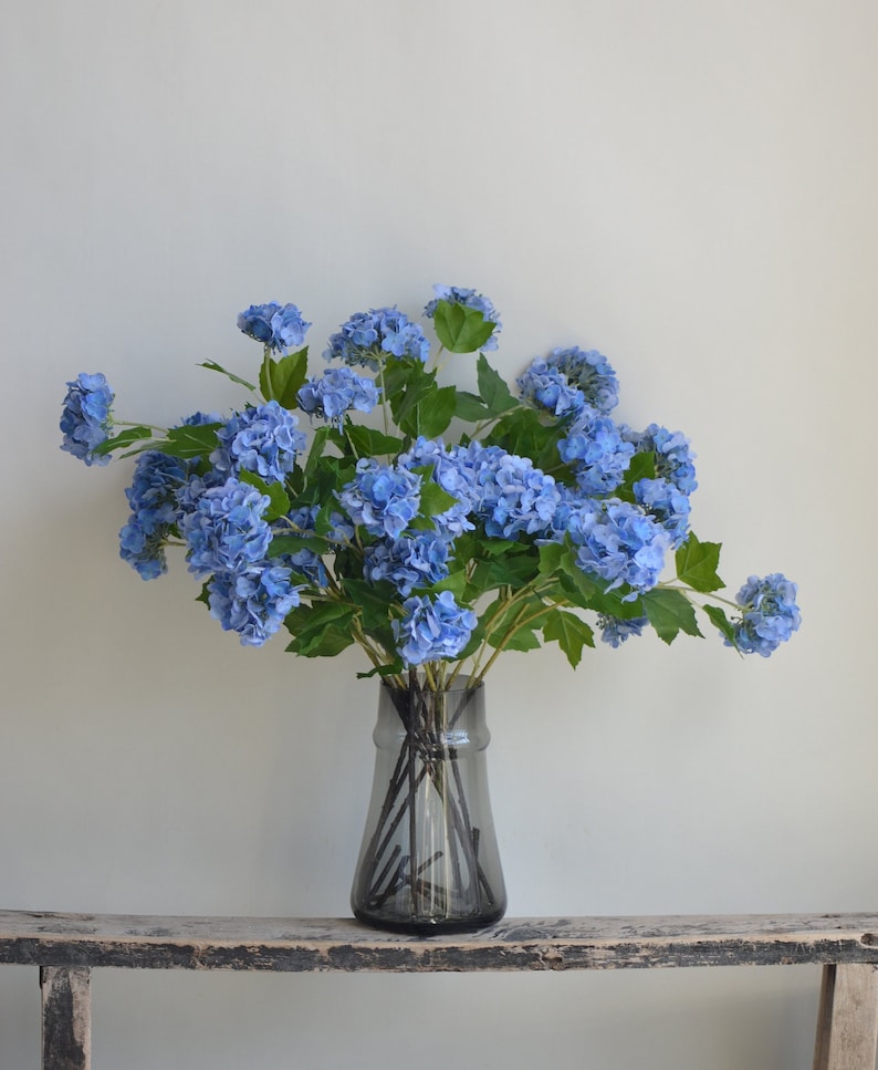 May include: A bouquet of blue hydrangeas in a clear glass vase with a textured surface. The vase is sitting on a weathered wooden shelf.