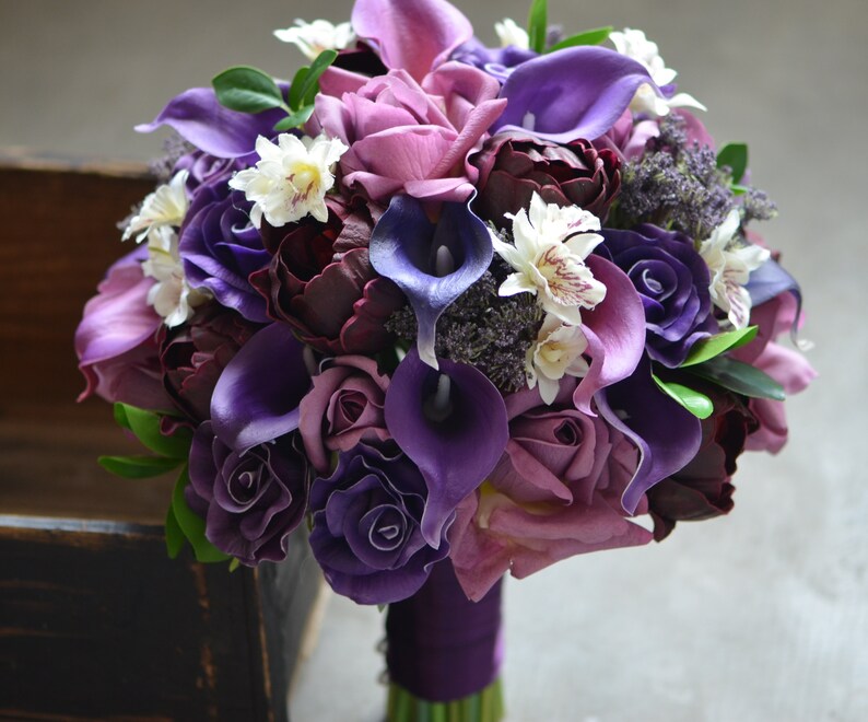Burgundy Peonies Purple Bridal Bouquets Package Roses Real Touch Purple Callas Wedding Bouquets Package
