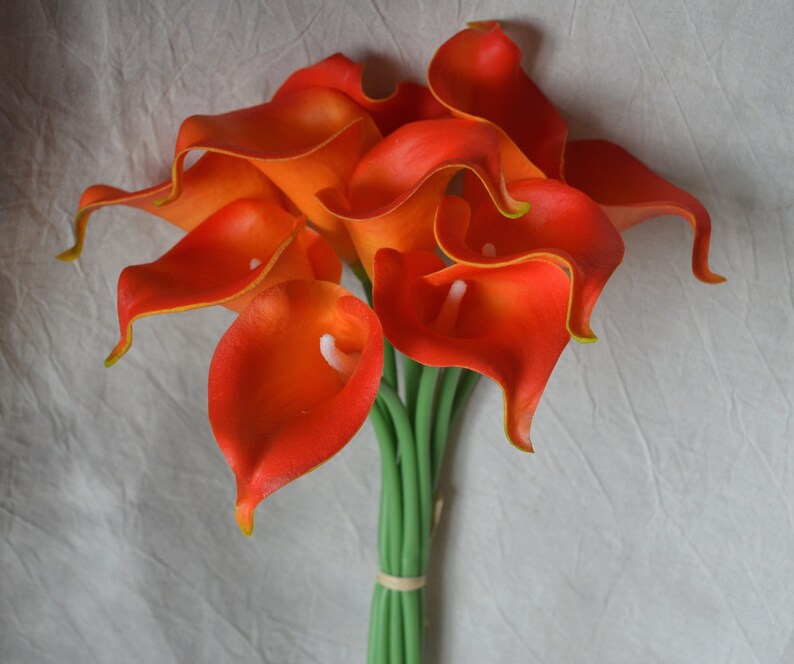 May include: A bouquet of orange calla lilies with green stems. The flowers are arranged in a cluster, with the stems tied together at the base.