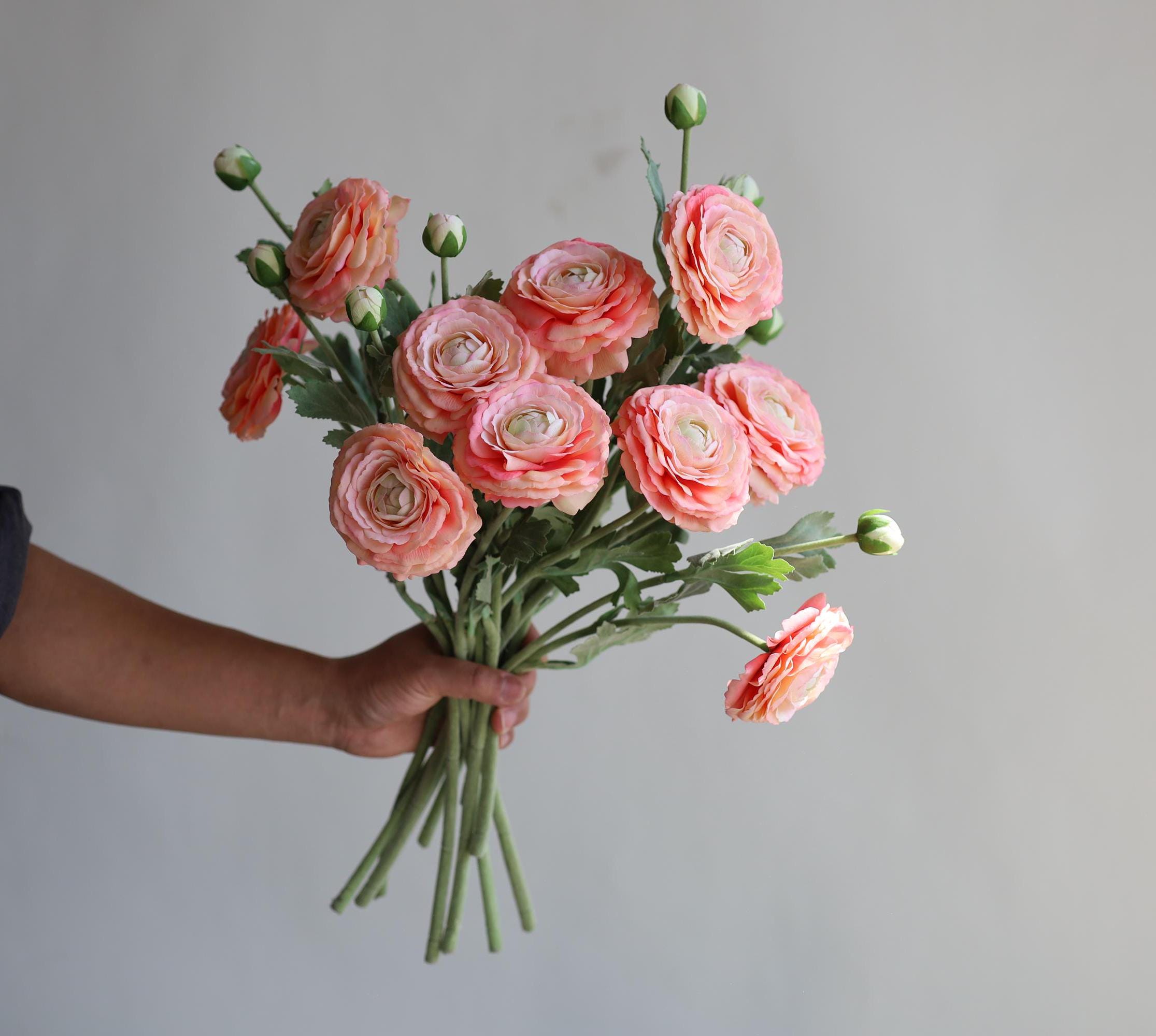 18.9" Real Touch Fake Ranunculus in Peach Pink, Spring Summer Handmade/Wedding/Home/Kitchen Decors, DIY Bouquet/ Florals/Centerpieces, Gifts