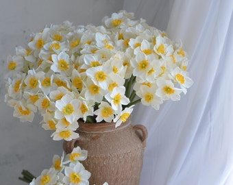 6 Stems Faux Daffodils Bouquet in White Yellow,  Artificial Daffodils Bunch, Fake Spring Plant Stem, DIY Wedding/Home Decoration | Gifts