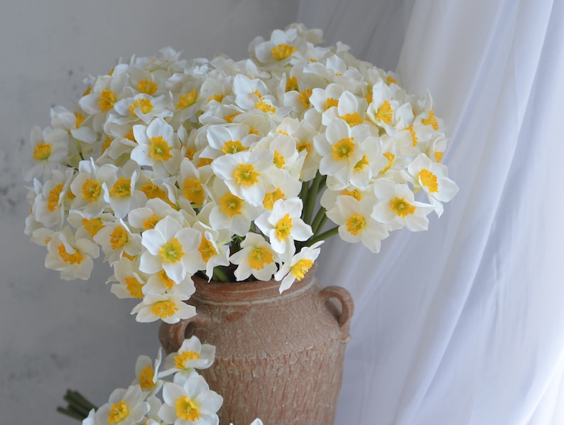 6 Stems Faux Daffodils Bouquet in White Yellow, Artificial Daffodils Bunch, Fake Spring Plant Stem, DIY Wedding/Home Decoration | Gifts image 1