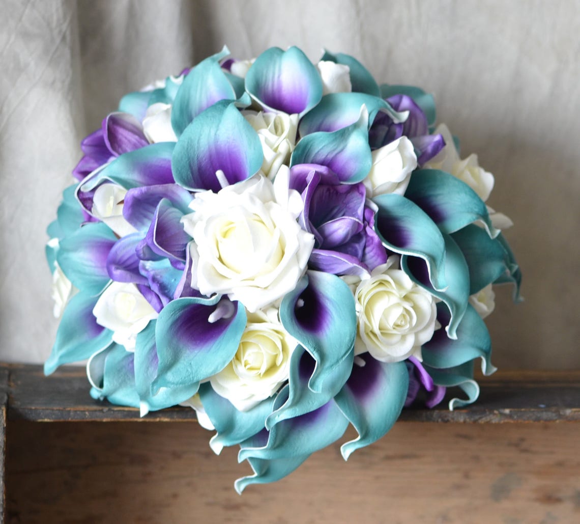 Teal Purple Bridal Bouquet Real Touch Flowers Calla Lily Ivory Etsy